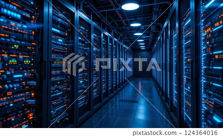 Futuristic Data Center with Glowing LED Server Racks | High-Tech Network Infrastructure. 124364016