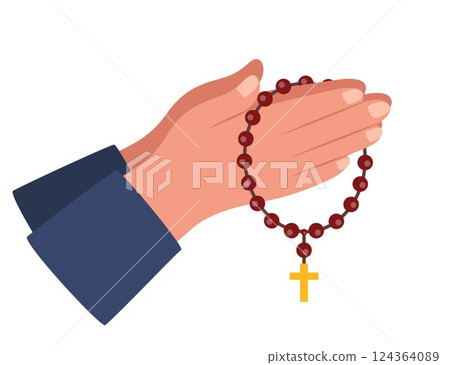 Praying hands holding brown wooden catholic rosary beads. Religious symbols. Praying symbol. Hands prayer. Vector illustration. 124364089