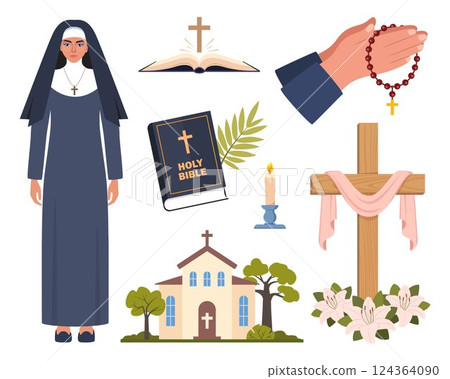 Christianity religious spiritual elements. Catholic nun, church, bible, candle, prayer beads. Peace religion communion. Vector illustration. 124364090