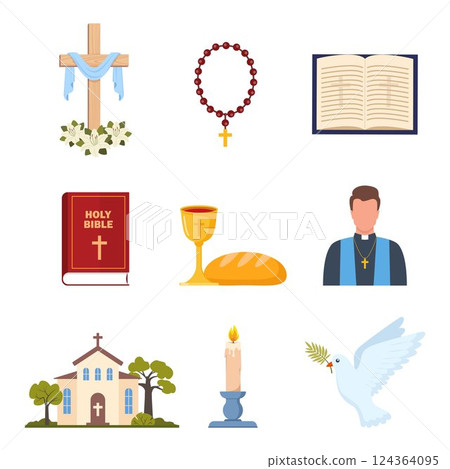 Christianity religious spiritual elements. Church, bible, candle, prayer beads. Peace religion communion. Vector illustration. 124364095