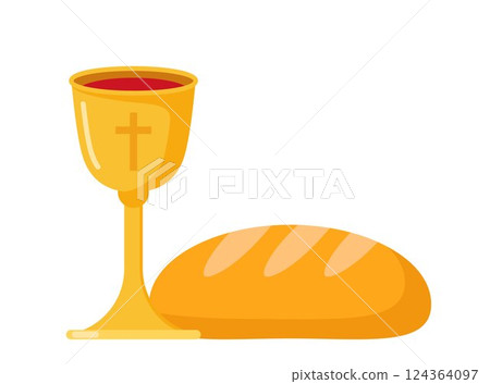 Catholic First Communion. Golden bowl for wine, bread, wine. Elements for beautiful invitation design. Vector illustration. 124364097
