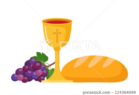 Catholic First Communion. Golden bowl for wine, bread, wine, grapes. Elements for beautiful invitation design. Vector illustration. 124364099