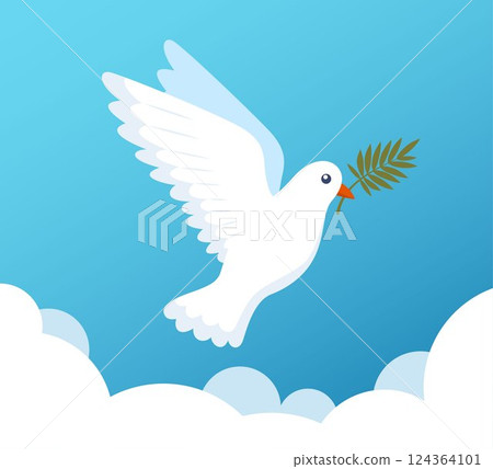 Dove of peace. Flying bird with an olive branch in beak. Peace and love, freedom, no war concept. Vector illustration. Dove of peace. Flying bird with an olive branch in beak. Peace and love, freedom, no war concept. Vector illustration. 124364101