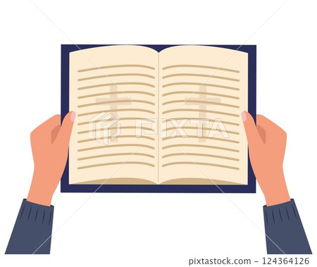 Christian Holy Bible Book in human hands. Bible books that open. Religious Text Containing Stories And Prophecies. Vector illustration. 124364126