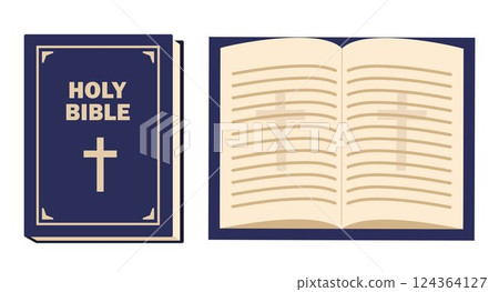 Christian Holy Bible Book. Bible books that open, close, showing cover. Religious Text Containing Stories And Prophecies. Vector illustration. Christian Holy Bible Book. Bible books that open, close, showing cover. Religious Text Containing Stories And Prophecies. Vector illustration. 124364127