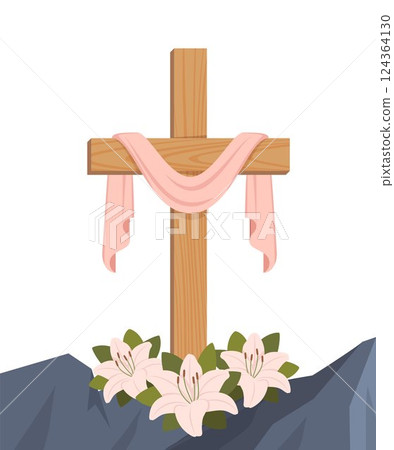 Cross of Jesus Christ, lily flowers against the background of the mountain. "Happy easter". Christian card template. He has risen. Vector illustration. 124364130