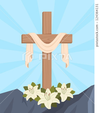 Cross of Jesus Christ, lily flowers against the background of the mountain. "Happy easter". Christian card template. He has risen. Vector illustration. 124364131