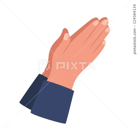Folded prayer hands, namaste gesture sign isolated on white background. Vector flat illustration of two cupped hands. 124364134