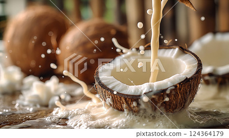Open coconut shell with pouring liquid with whole coconuts in the background. Generative AI Open coconut shell with pouring liquid with whole coconuts in the background. Generative AI 124364179