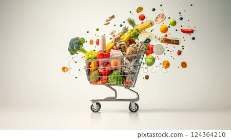 Vibrant shopping cart filled with fresh produce and groceries in a creative display. Generative AI 124364210