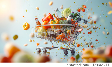 Vibrant shopping cart filled with fresh produce and groceries in a creative display. Generative AI 124364211