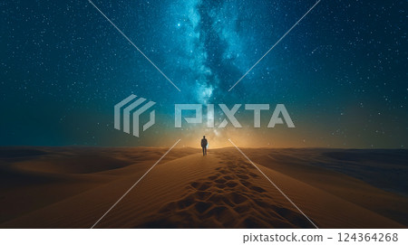 Standing on a desert dune under a starry sky at night in a serene landscape. Generative AI Standing on a desert dune under a starry sky at night in a serene landscape. Generative AI 124364268