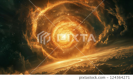 Cosmic swirl of vibrant colors above an ethereal planet in space. Generative AI 124364271