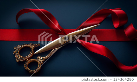 Crafting celebration preparations with scissors and ribbon on a blue fabric. Generative AI 124364290