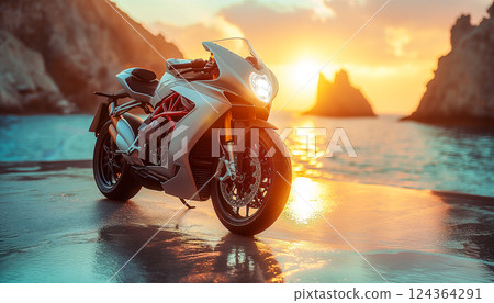 Motorcyclist speeds along coastal road at sunset, creating splashes of water. Generative AI 124364291