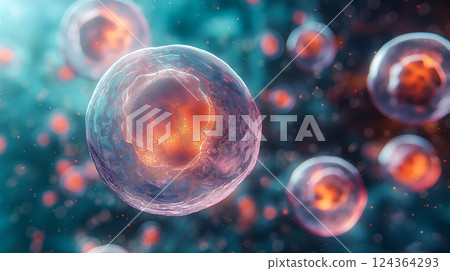 Colorful representation of energetic cells in a microscopic view at night. Generative AI 124364293