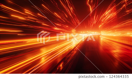 Flickering reds and yellows create dynamic light trails in an abstract background. Generative AI 124364335