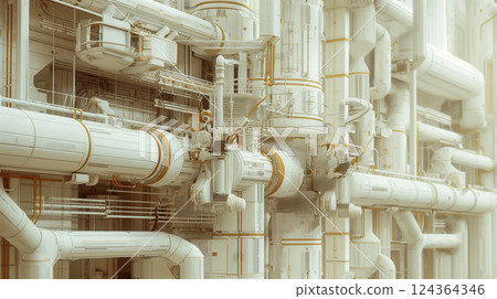 Complex network of industrial pipes and systems interconnected in a facility. Generative AI 124364346