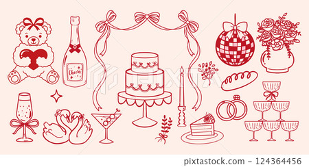 Cute coquette ribbon sweet beverage wedding hand drawn element Cute coquette ribbon sweet beverage wedding hand drawn element 124364456