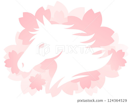 Frame of a white horse profile silhouette on a pink cherry blossom background 124364529