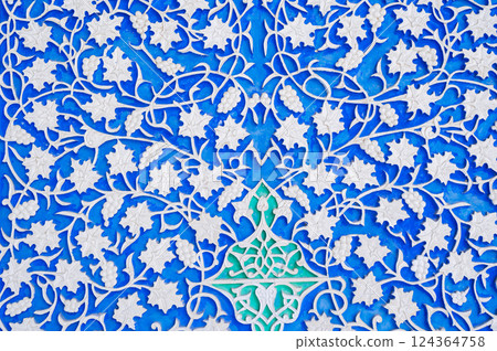 carved wooden painted background in Museum of Art of Uzbekistan with traditional Uzbek ornaments and oriental patterns in Tashkent 124364758