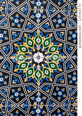 ceramic tiles with traditional Uzbek oriental pattern in Uzbekistan. Decorative floral background with Islamic ornament ceramic tiles with traditional Uzbek oriental pattern in Uzbekistan. Decorative floral background with Islamic ornament 124364775