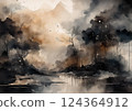 一幅水彩畫，描繪了昏暗的黎明天空和倒映在湖面上的山峰 124364912