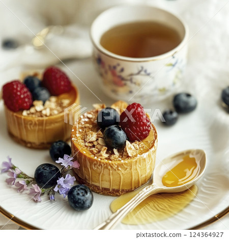 Elegant Easter dessert table. Berries, tea, tartlets, floral porcelain, honey, romantic cottagecore 124364927