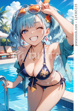 穿著泳衣的開朗藍髮女孩 穿著泳衣的開朗藍髮女孩 124365135