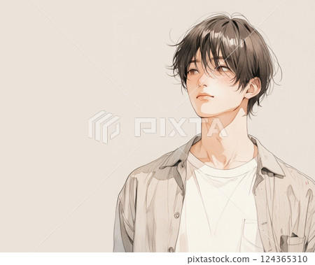 水彩風格插圖|斜向上看的男人(襯衫,白色 T 卹) 水彩風格插圖|斜向上看的男人(襯衫,白色 T 卹) 124365310