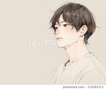 Watercolor style illustration | Beautiful profile of a man (sideways, T-shirt) 124365313