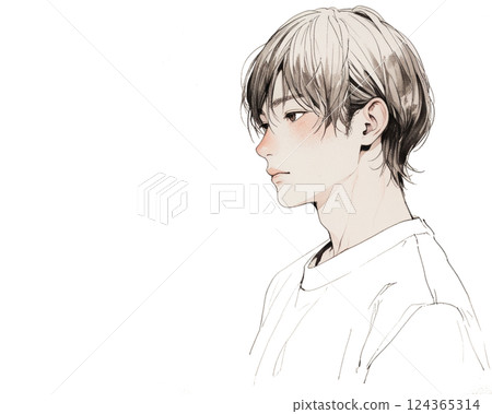 Watercolor style illustration | Beautiful profile of a man (sideways, white T-shirt) 124365314