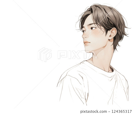 水彩風格插畫|面容俊美的男子回頭（側身，白色T卹） 124365317