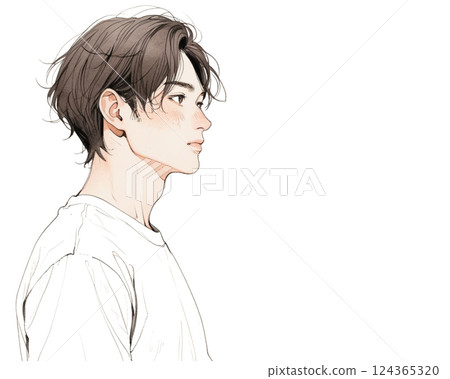 水彩風格插圖|酷酷的男人側影（側面，白色 T 卹） 124365320