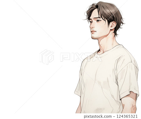 水彩風格插圖|野人側臉（側身，T卹） 124365321