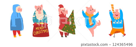 Funny Pig Character in Warm Clothing at Winter Holiday Vector Set 124365496