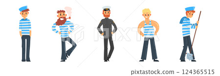 Man Sailor Character in Striped Shirt and Cap Vector Set 124365515