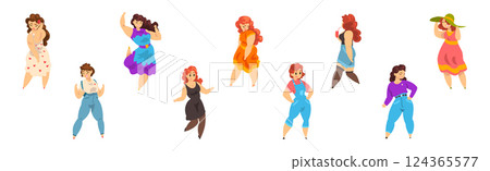 Plump Woman Character with Chubby Stout Body Vector Set 124365577