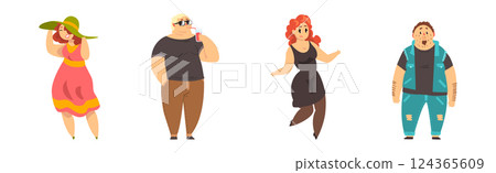 Plump Man and Woman Character with Chubby Stout Body Vector Set 124365609