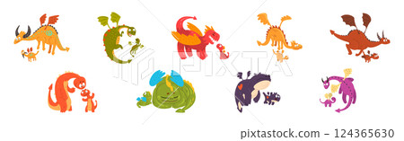 Cute Mom Dragon with Its Baby Vector Set 124365630