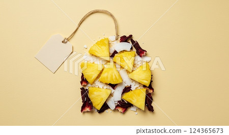 Creative tropical composition with pineapple, hibiscus, and blank tag on yellow background 124365673