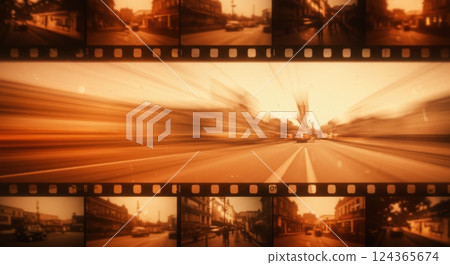 Vintage film strip with blurred motion effect of city streets in sepia tones 124365674