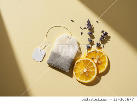 Herbal tea bag with lavender and lemon slices on yellow background for refreshing beverage concept 124365677