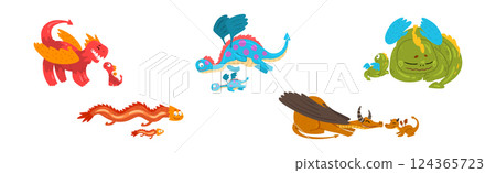Cute Mom Dragon with Its Baby Vector Set Cute Mom Dragon with Its Baby Vector Set 124365723