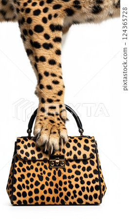 Luxurious leopard print bag with cheetah paw theme: fusion of fashion and wildlife 124365728