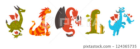 Cute Mom Dragon with Its Baby Vector Set 124365735