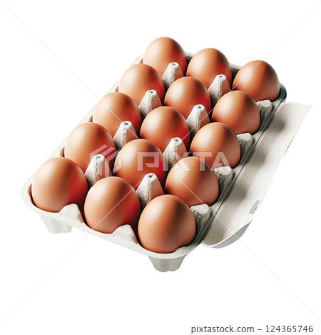 Organic brown eggs in egg tray or carton. Poultry eggs in food or breakfast carton. 124365746