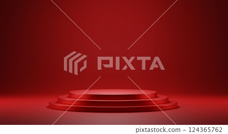 Minimalist red pedestal display with ambient lighting for product presentation 124365762