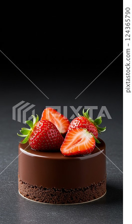 Chocolate glazed dessert with fresh strawberries on dark background 124365790