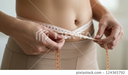 Close-up of woman measuring waist with tape for fitness and health 124365792